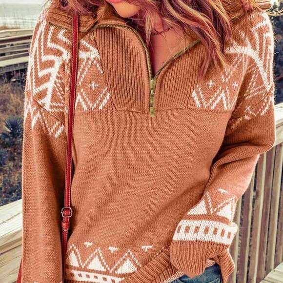 Pink Casual Womens Geo Pattern Half Zip Drop Shoulder Sweater - Picture 3 of 5